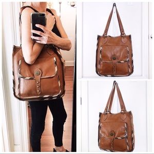 Burberry Malt Brown Leather & Nova Check Tote Bag